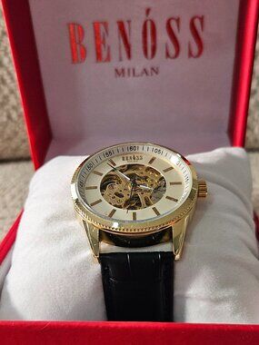Benoss Automatic Skeleton Watch – Gold Case & Black Leather – New Without Tags